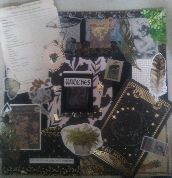 A black collage with themes of botany and witchcraft