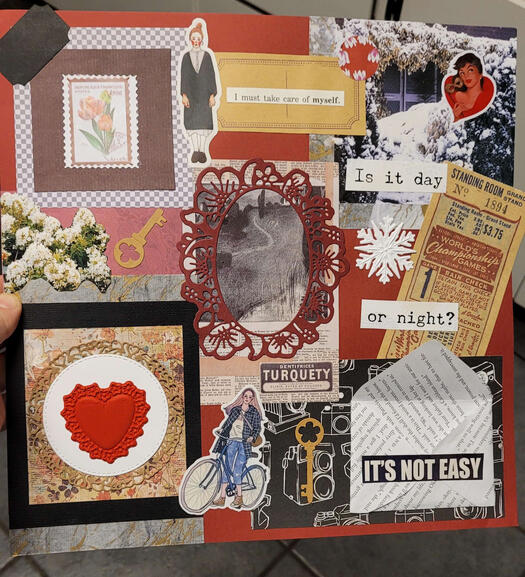 A red, black, white and gold themed collage with themes of going through it