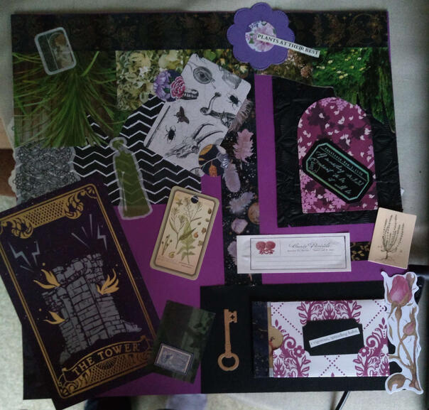 A purple, black and green collage with themes of plants, secrecy and doom