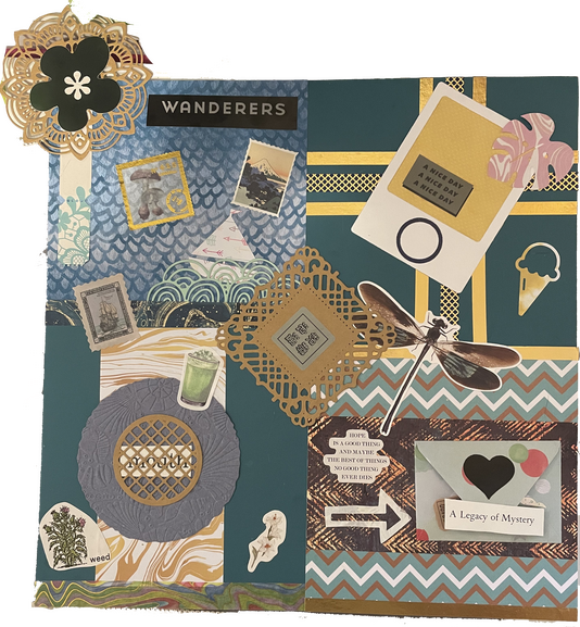 A green and gold collage with themes of water, snacks, and lost loves