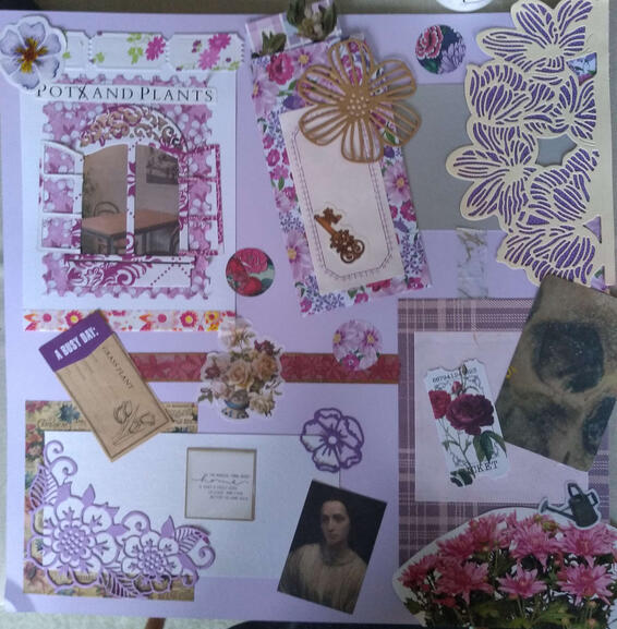 A purple collage with themes of flowers and depression