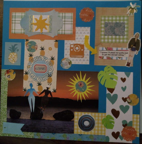 A blue, yellow and green collage with themes of travel and chilling at the beach