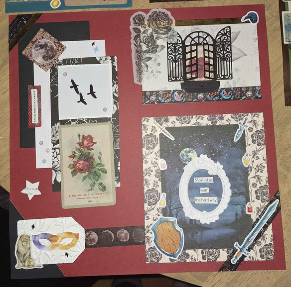 A red, white and black collage with themes of night, weapons and crows