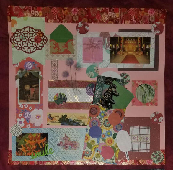 A pink collage with themes of Japan, unicorns, and general playfulness