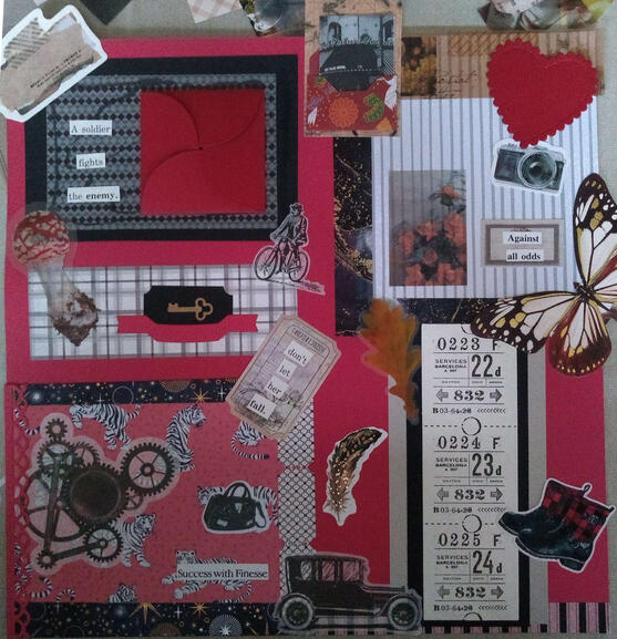 A red collage with themes of technology, travel, and being a badass