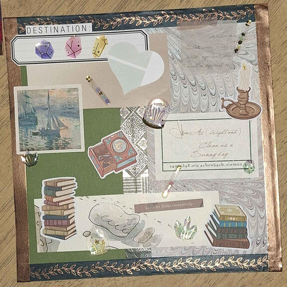 A green and brown collage with themes of rocks, crystals, and studying very hard