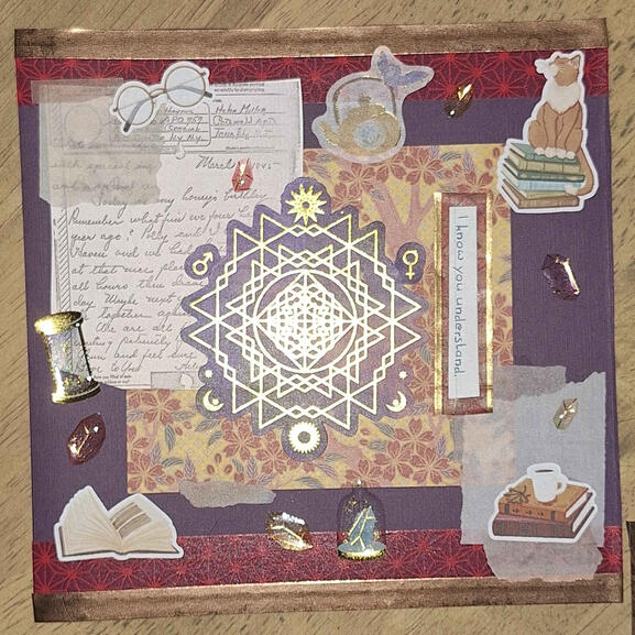 A purple, red and gold collage with themes of books, magic and tea