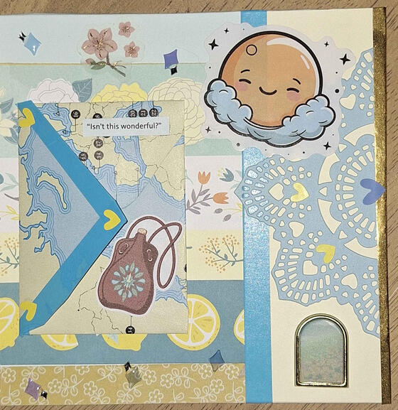 A blue and yellow collage with themes of travel, sunshine, and flower-filled vistas.