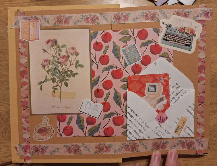 A pink collage with floral and fruity aesthetics, and stickers of books, typewriters, and tea.