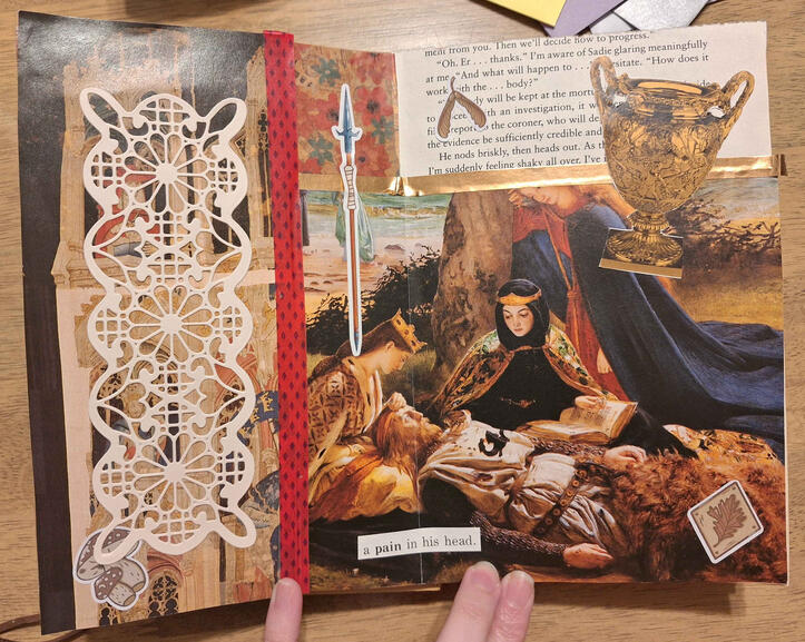 A collage featuring art of medieval themes, specifically of a king dying surrounded by mourning women, with the text implying he just has a headache.
