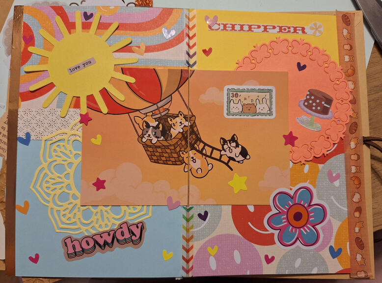 A bright blue, orange and pink collage based on happy, excited, and much-loved corgis on adventures