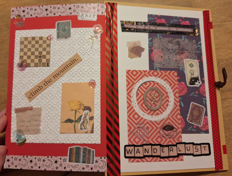 A white and red collage with themed of stars, strategy, books, roses, and exploring the unknown.