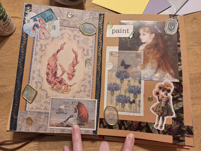 A brown and blue collage themed around classical art.