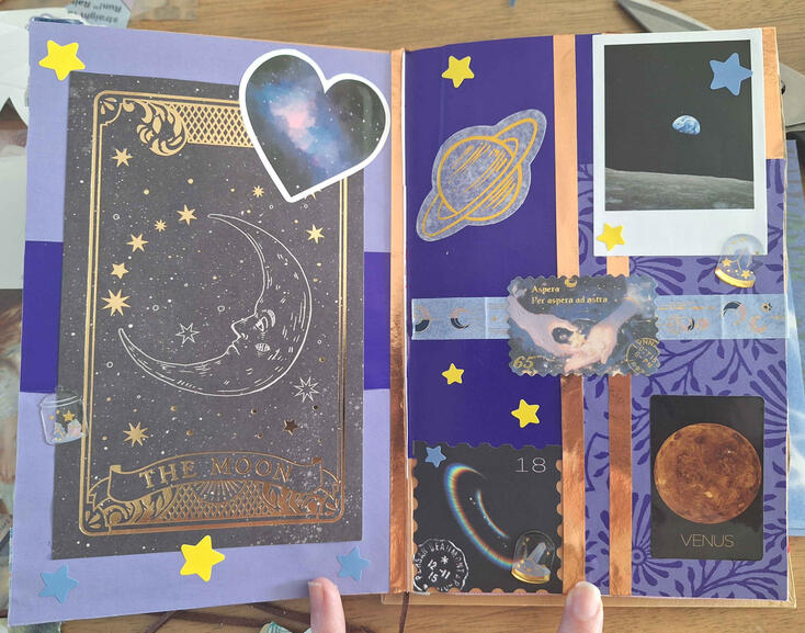 A purple collage with themes of the stars, moon and space.