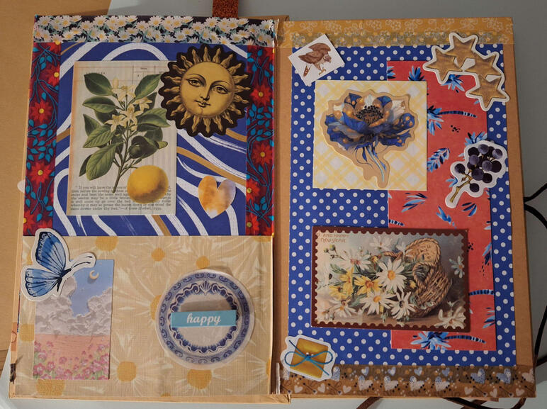 A blue, red and gold collage based on flowers and sunshine