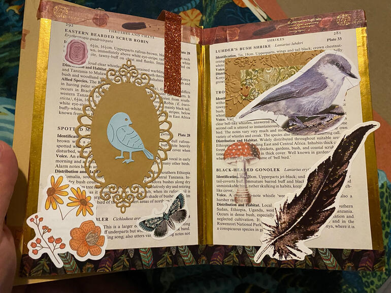 A gold and brown page themed around birds