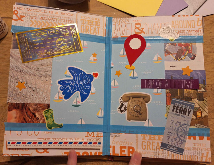 A blue and orange collage themed around the distance between a desert location and a very cold location.