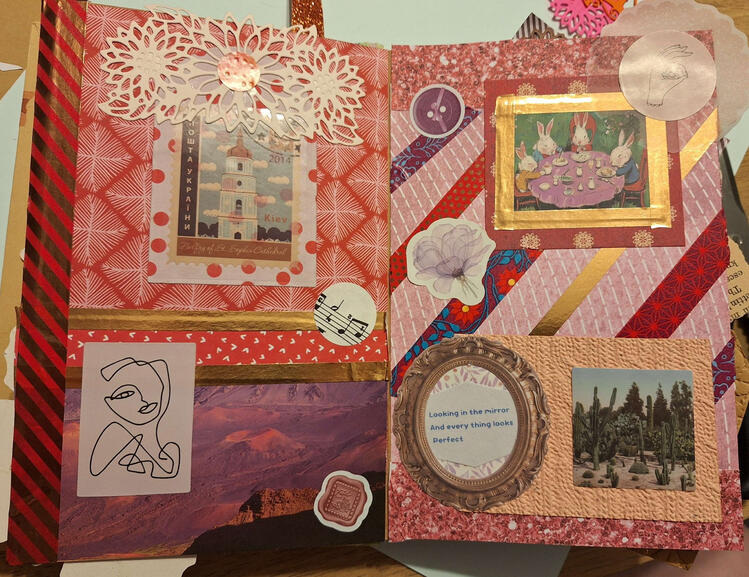 A red and pink collage with themes of travel, the desert and community