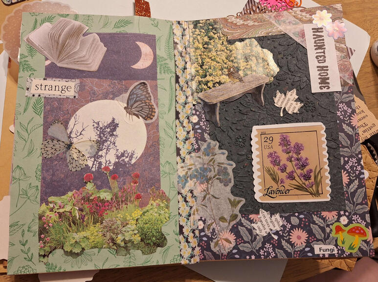 A green, purple and blue collage with themes of plants and the night