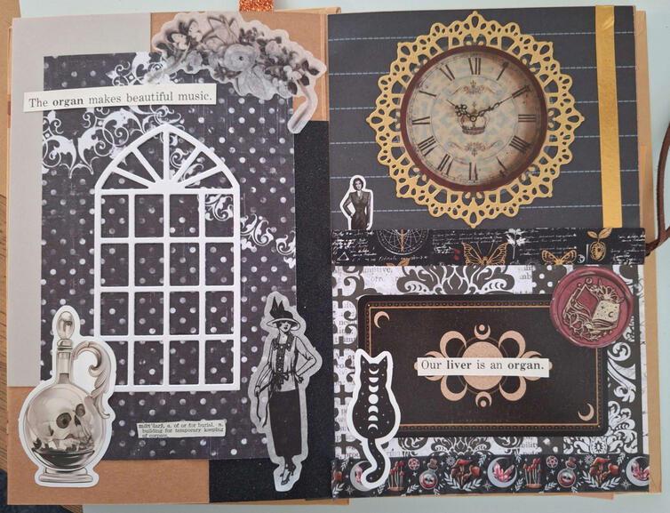 A black, white and gold collage based on the mystical and macabre