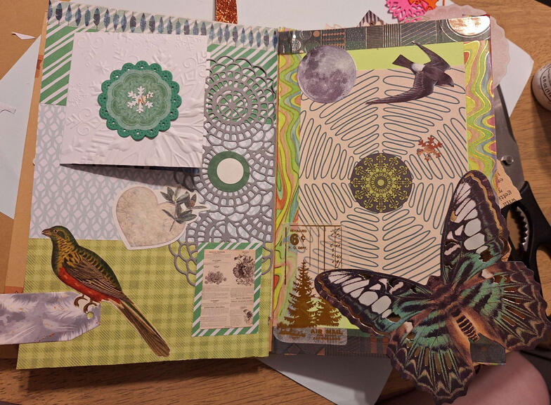 A green and white collage based on flight, ice, and strong winds