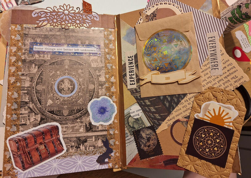 A brown and gold collage with themes of travel and mystery
